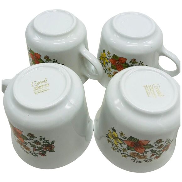 VTG Corelle Corning Ware Indian Summer Cups Mugs Orange Yellow Flowers Set of 4 - Picture 4 of 7
